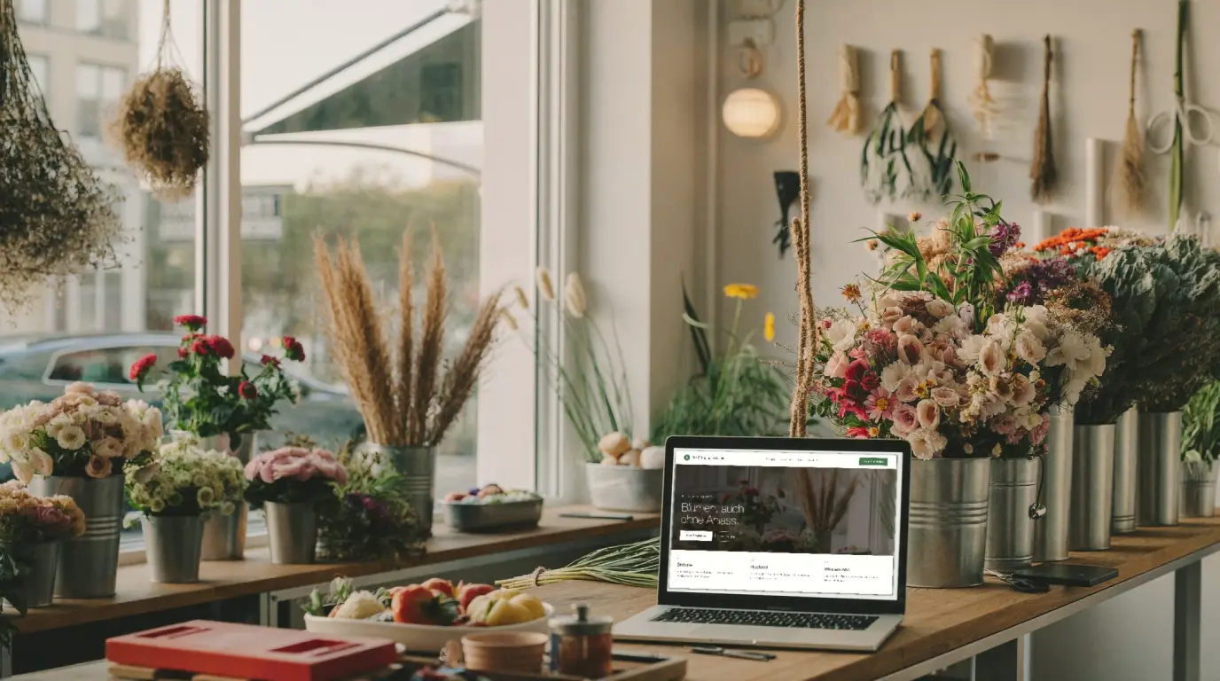 Blumenladen, auf dem Laptop die fertige Website des Ladens