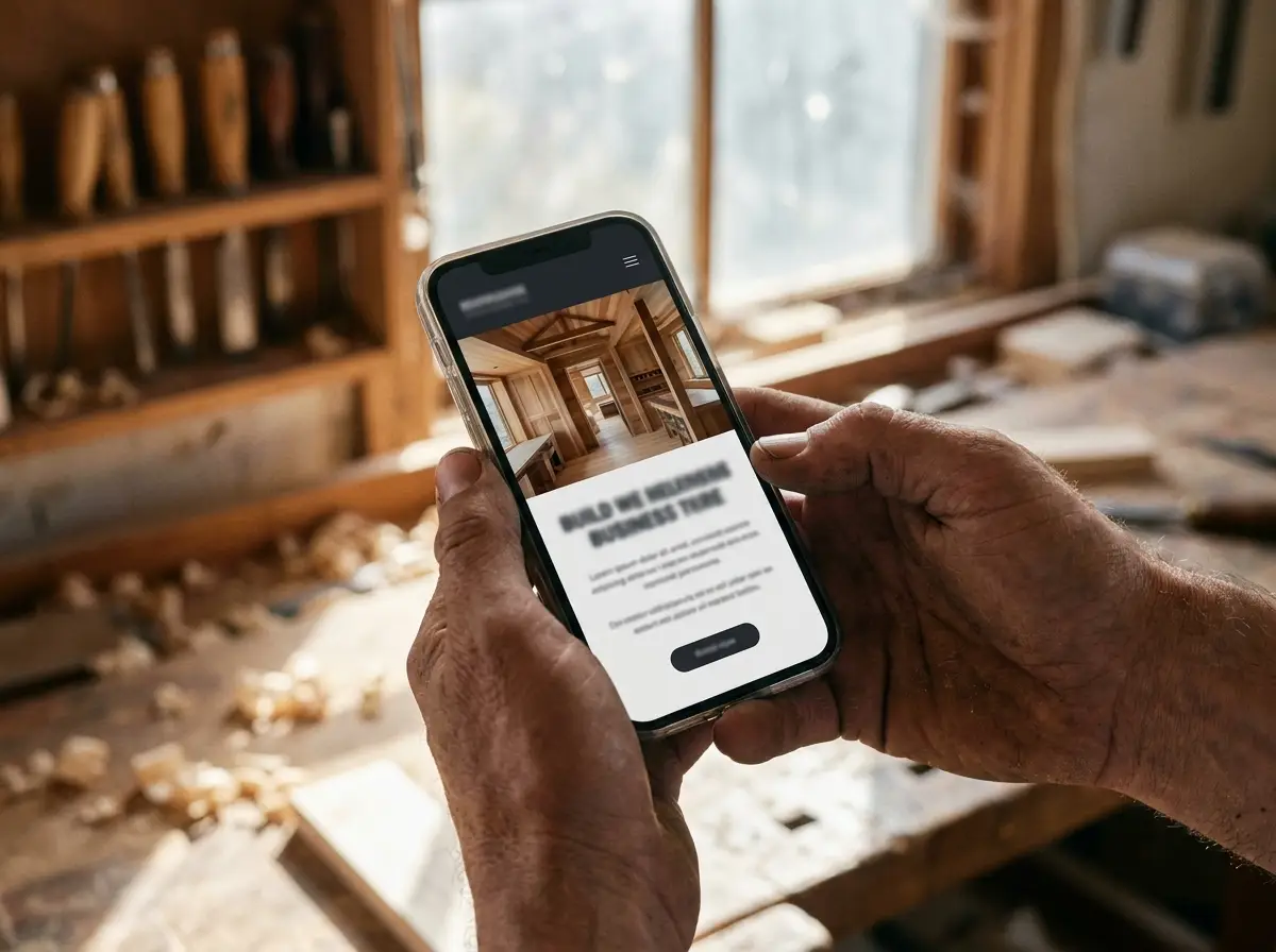 Betriebswebsite auf dem Handy, im Hintergrund die Werkstatt